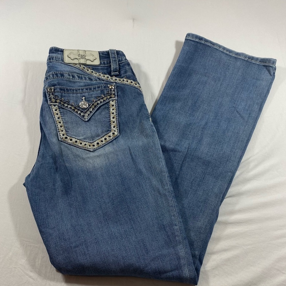 Miss Me Jeans Mid Rise Curvy Boot Embellished Rhinestones blue jeans